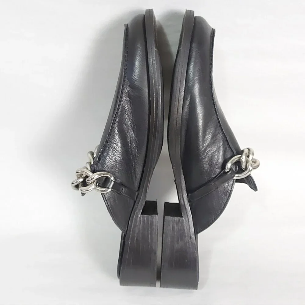 Free People Preppy Silver Link Chain Vida Mules Size 38 EU Black Leather Slip-On